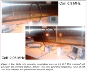 Figure 1. Top: Tesla coils generating longitudinal waves at 6.9 ±0,1 MHz combined with generator and spectrum analyzer. Bottom: Tesla coils generating longitudinal waves at 2.06 ±0,1 MHz combined with generator and spectrum analyzer.